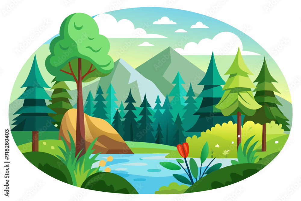 A Serene Forest Landscape with a Winding River and Lush Greenery A Serene Forest Landscape with a Winding River and Lush Greenery