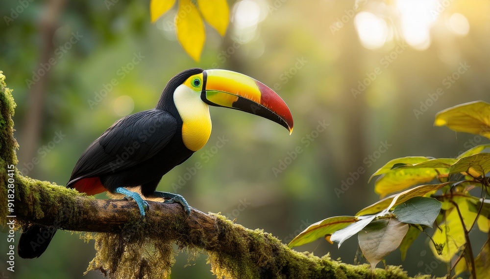 A vibrant toucan perched on a tree branch in a tropical forest with out-of-focus holiday lights in the background A vibrant toucan perched on a tree branch in a tropical forest with out-of-focus holiday lights in the background