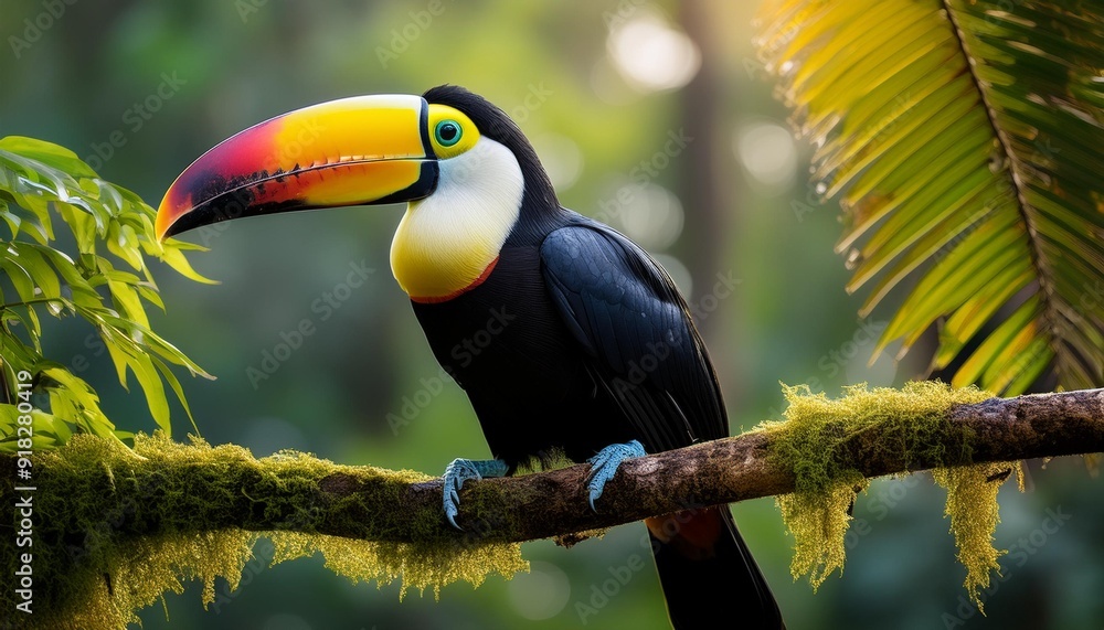 Naklejka premium A vibrant toucan perched on a tree branch in a tropical forest with out-of-focus holiday lights in the background