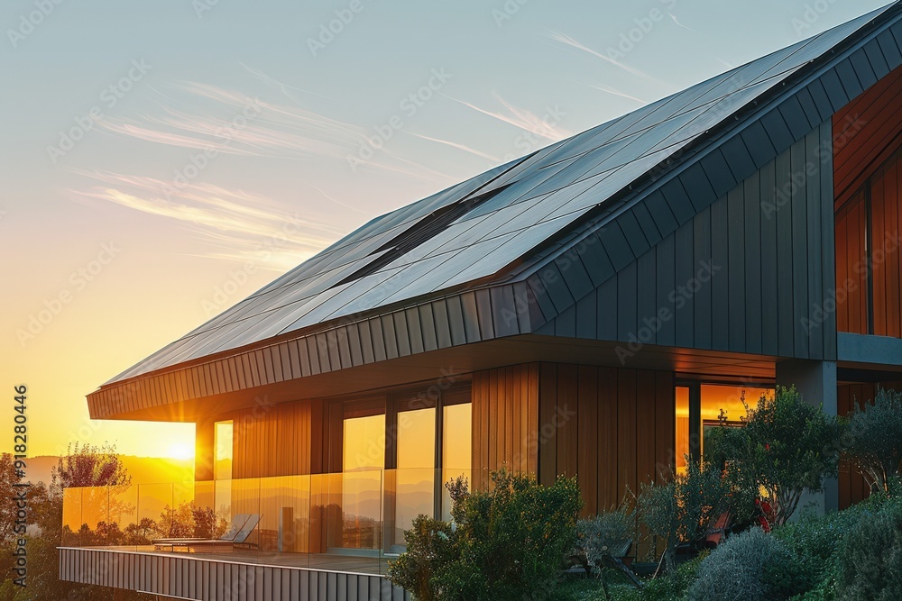 Fototapeta premium Modern sustainable villa featuring solar panels on the roof during a warm golden sunset.