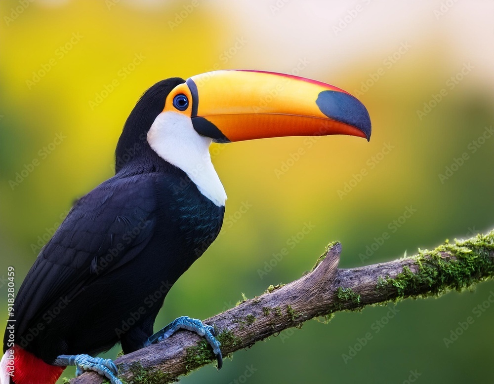 A vibrant toucan perches on a branch against a backdrop of indistinct green foliage and trees A vibrant toucan perches on a branch against a backdrop of indistinct green foliage and trees