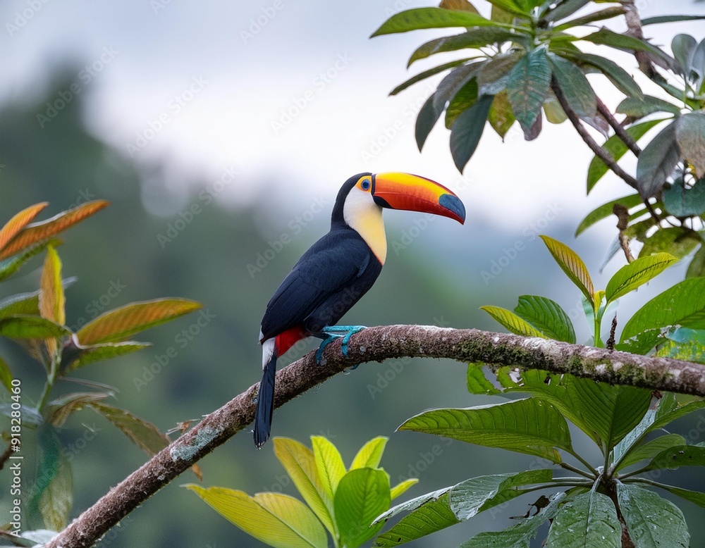 Fototapeta premium A vibrant toucan perches on a branch against a backdrop of indistinct green and yellow foliage