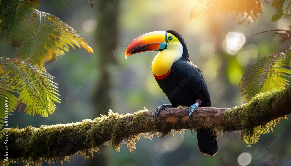 Fototapeta premium A vibrant toucan perches on a tree branch against a lush tropical backdrop, filled with verdant foliage and towering trees