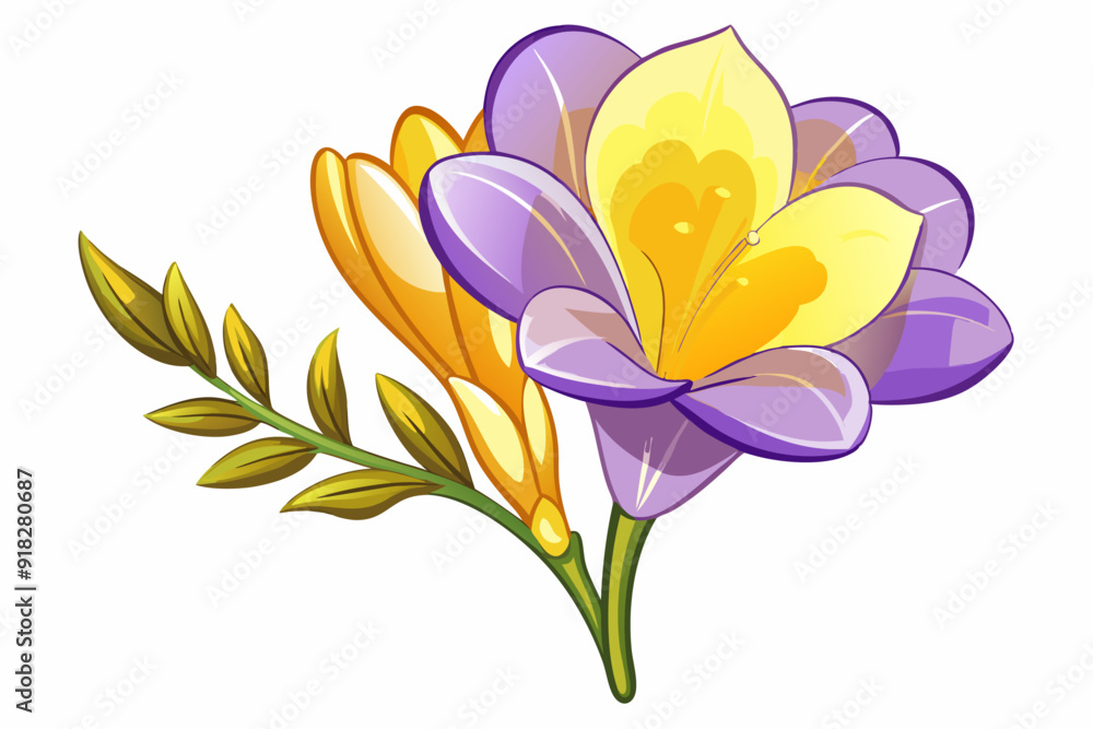 Obraz premium Purple and Yellow Freesia Flower with Green Leaves