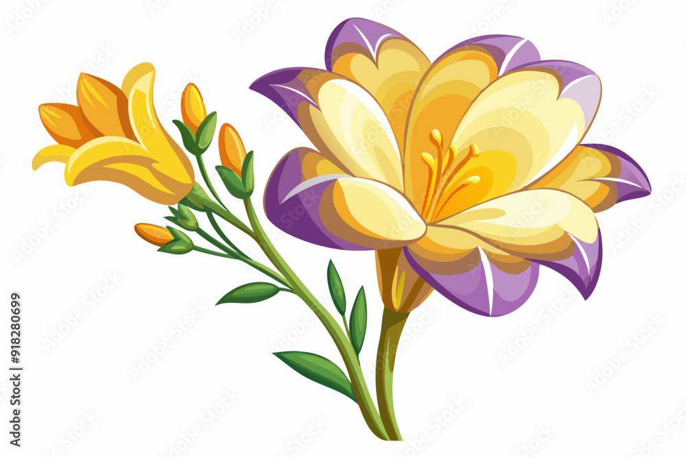 Naklejka premium A Single Yellow and Purple Flower with Buds and Stem