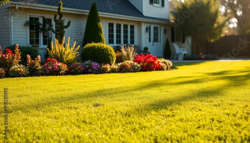 View from a large garden of a detached house on a sunny day. photo