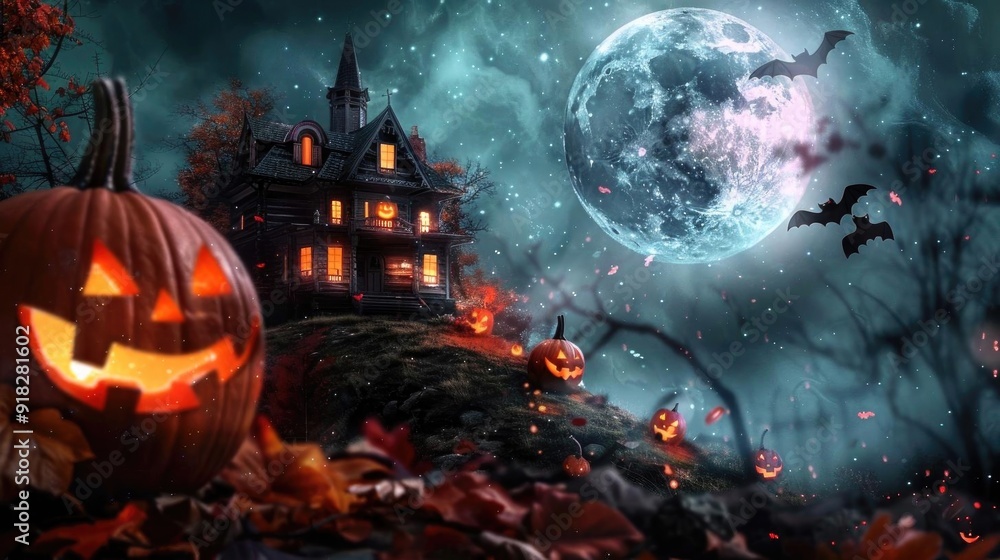 Spooky Halloween night scene with haunted house, pumpkins, bats, and full moon. Spooky Halloween night scene with haunted house, pumpkins, bats, and full moon.