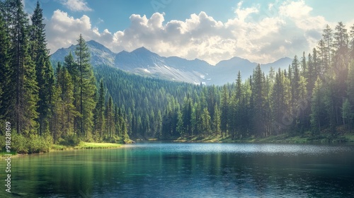 Sunny mornings in early autumn, with a dense forest and a mountain lake in the background. glistening, clean, turquoise-colored water.