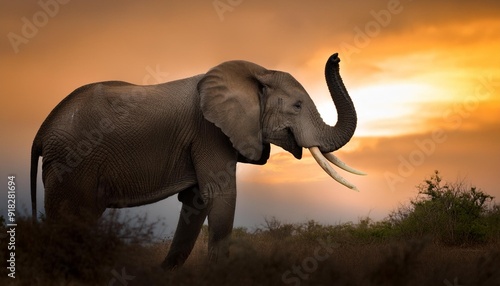 An elephant stands in a dusty field, raising its trunk Dust emerges from its back photo