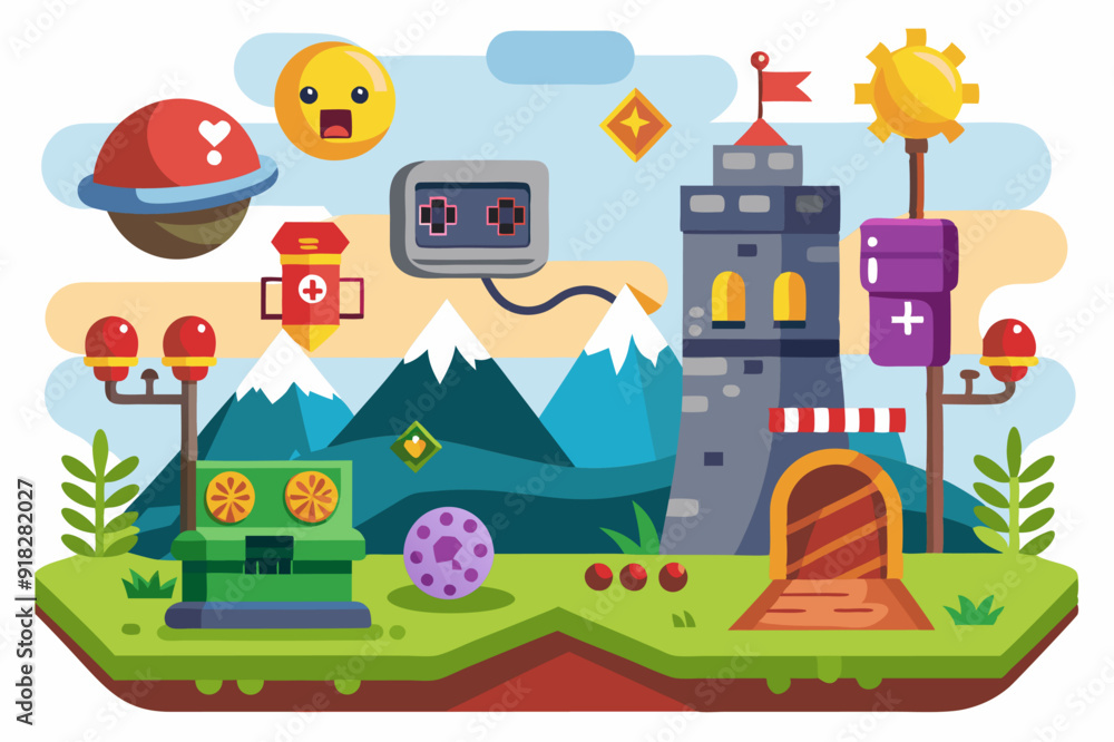 A Vibrant, Pixelated Landscape with a Tower and Game-Related Elements A Vibrant, Pixelated Landscape with a Tower and Game-Related Elements