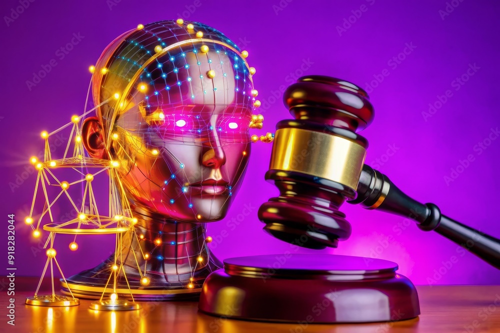 A woman's head is on a table with a gavel and a scale A woman's head is on a table with a gavel and a scale