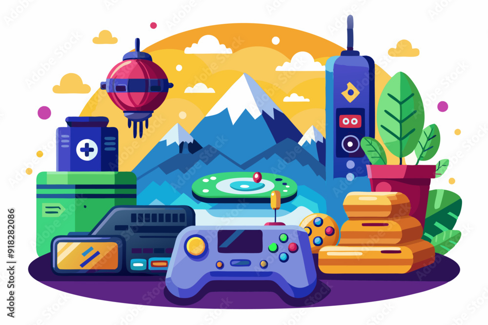 Fototapeta premium Video Game Console With Controllers and Accessories in Mountain Landscape