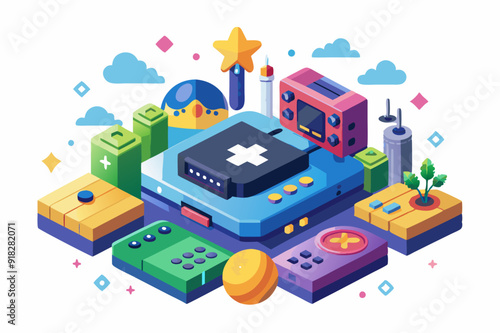 Retro Gaming Console and Accessories with a Star and Clouds