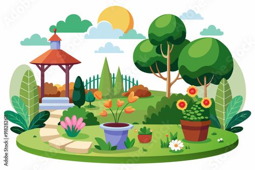 A Colorful Garden with a Gazebo, Trees, and Flowers