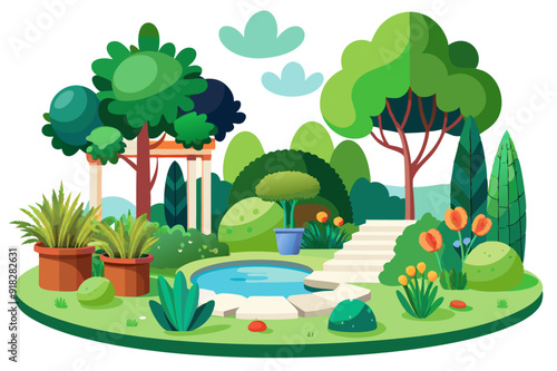 Lush Garden Oasis with a Pond and a Pergola