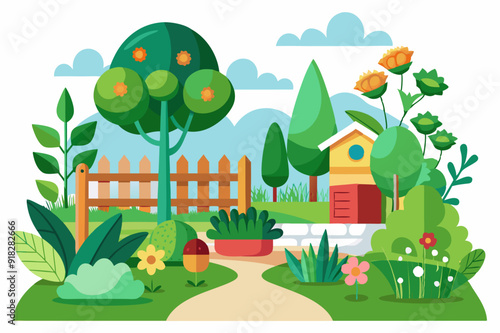 A Colorful Garden with a Small House, Trees, Flowers, and a Fence