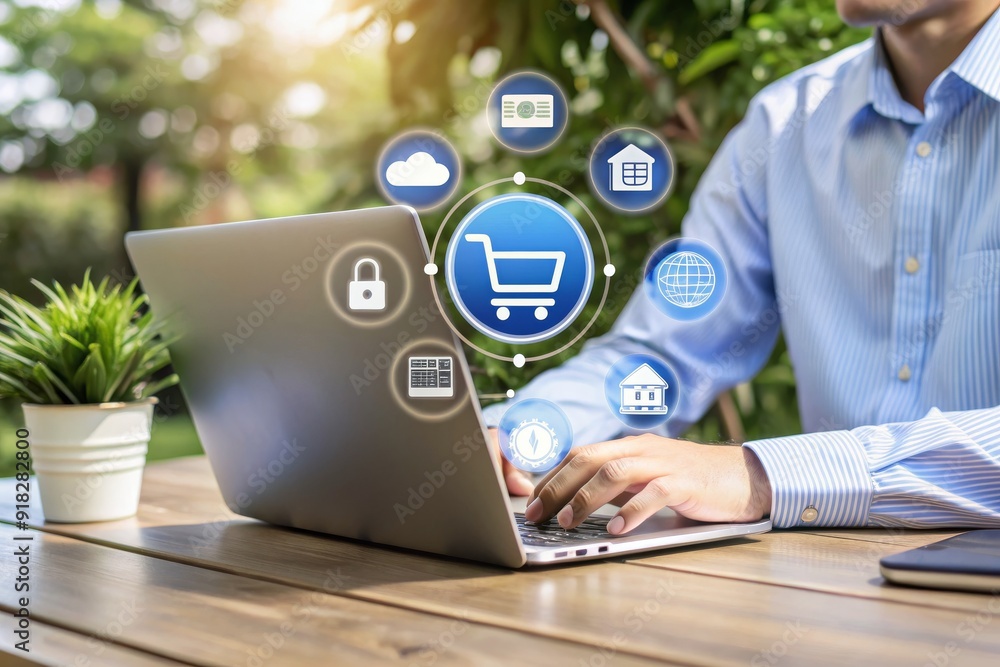 A man is using a laptop with a shopping cart icon on the screen A man is using a laptop with a shopping cart icon on the screen