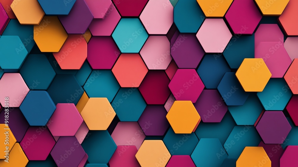 Dense pattern of colorful squares and hexagons, modern style, topdown view, natural light Dense pattern of colorful squares and hexagons, modern style, topdown view, natural light