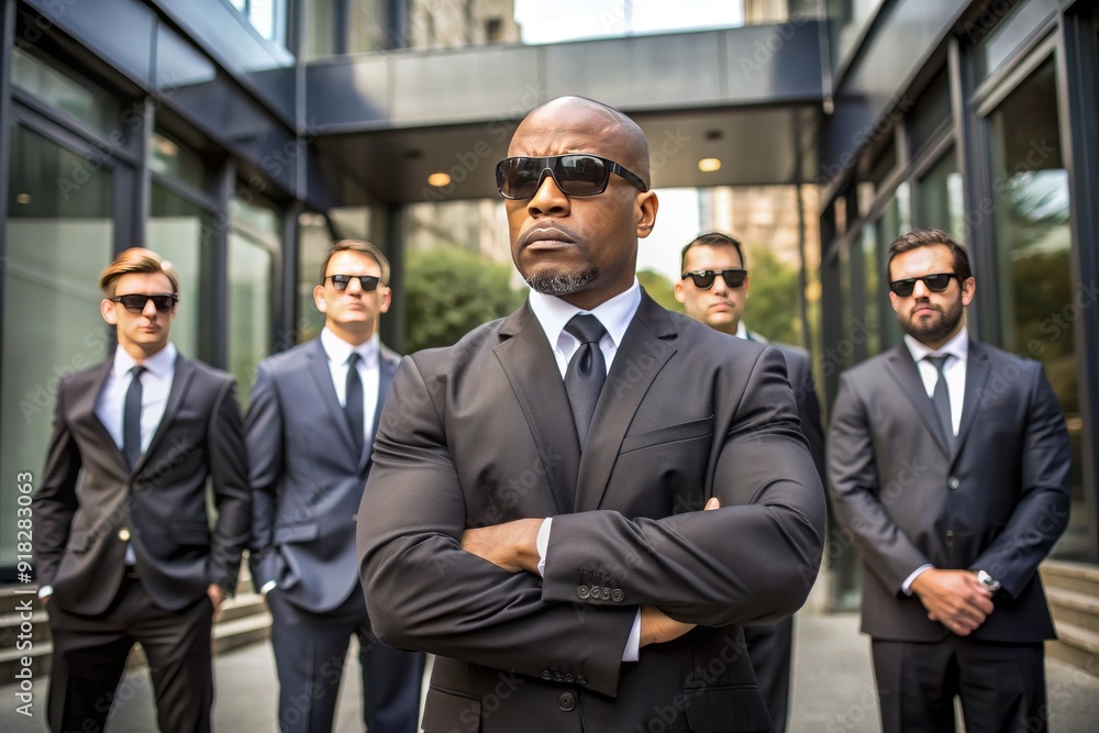 A group of men in suits and sunglasses stand together A group of men in suits and sunglasses stand together