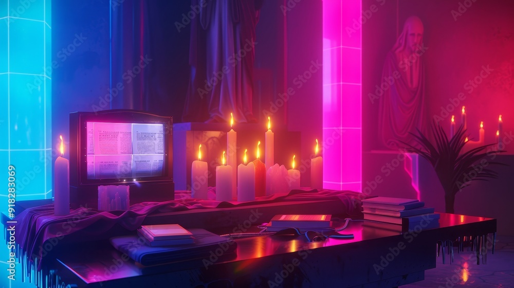 A futuristic altar with holographic candles and a digital Bible A futuristic altar with holographic candles and a digital Bible