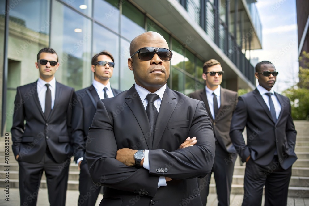 A group of men in suits and sunglasses stand together A group of men in suits and sunglasses stand together