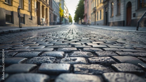 Cobblestone street lined with buildings at dawn in a historic town