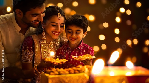 A joyful family dressed in traditional attire celebrates Diwali by lighting diyas, surrounded by warm, glowing lights, symbolizing love and togetherness. photo