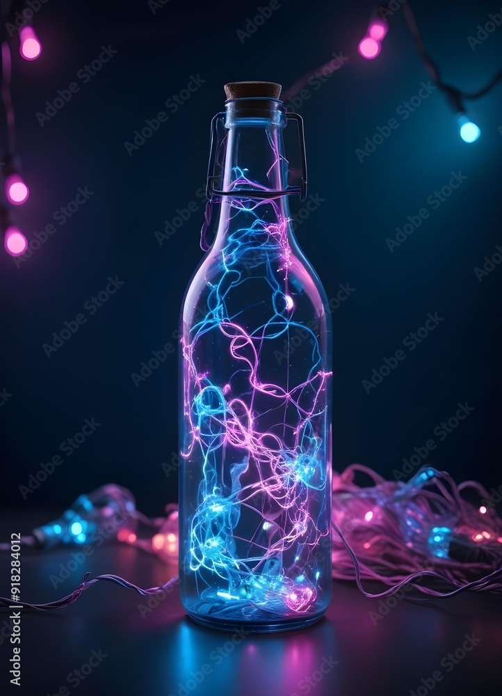 Colorful glass bottle filled with string lights, creating a vibrant and whimsical visual effect against a dark background Colorful glass bottle filled with string lights, creating a vibrant and whimsical visual effect against a dark background