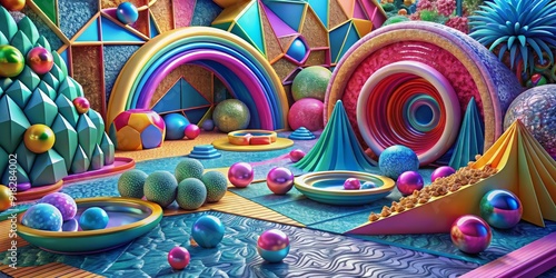 A colorful, abstract scene with many different colored balls and a rainbow