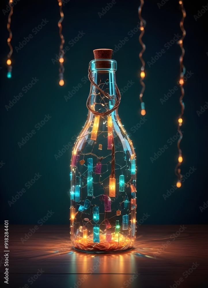 Colorful glass bottle filled with string lights, creating a vibrant and whimsical visual effect against a dark background Colorful glass bottle filled with string lights, creating a vibrant and whimsical visual effect against a dark background