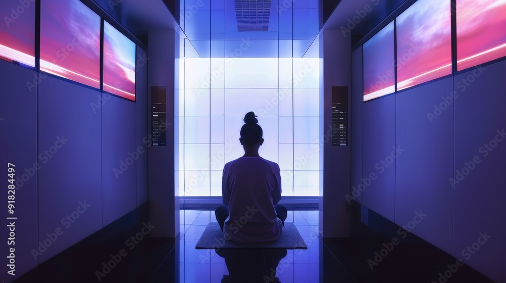 A person praying in a high-tech confession booth with digital screens and AI assistance A person praying in a high-tech confession booth with digital screens and AI assistance