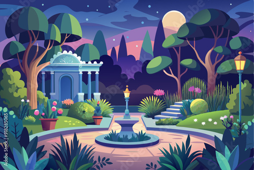 Nighttime Garden with Fountain, Temple, and Moonlit Sky