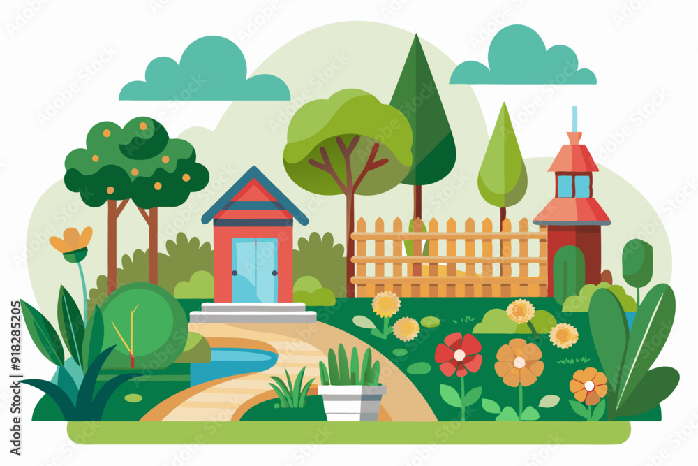 A Charming Backyard with a Red Shed, Flowers, and a Wooden Fence A Charming Backyard with a Red Shed, Flowers, and a Wooden Fence