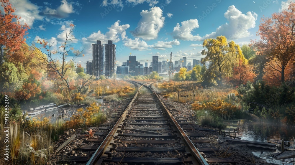 Fototapeta premium Abandoned railway tracks leading to a city skyline surrounded by autumn trees under a blue sky