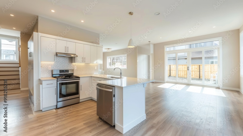 Open-concept kitchen with white cabinetry, stainless steel appliances, and a bright ambiance. Open-concept kitchen with white cabinetry, stainless steel appliances, and a bright ambiance.
