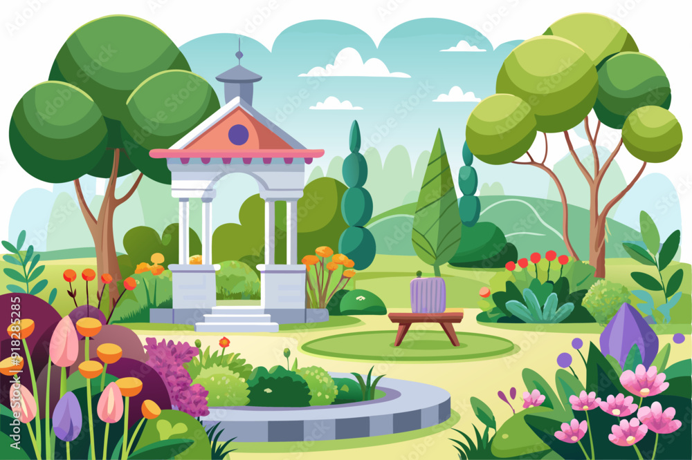 A Springtime Park with a Gazebo and Bench A Springtime Park with a Gazebo and Bench