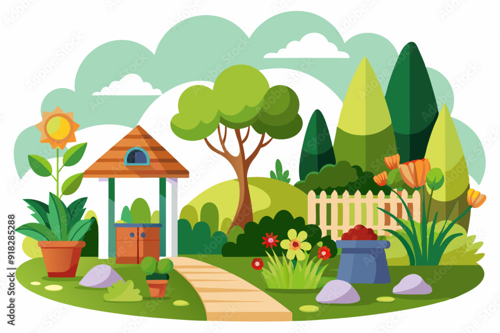 A Charming Garden with a Wooden Gazebo and Lush Greenery A Charming Garden with a Wooden Gazebo and Lush Greenery