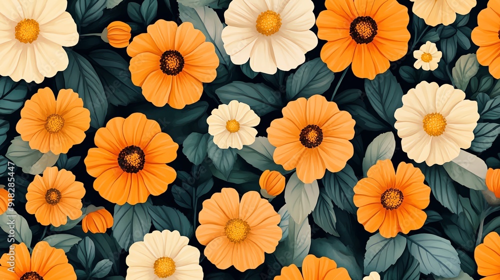 Marigolds and mint leaves, dense repeating pattern, watercolor style, flat lay, warm natural light Marigolds and mint leaves, dense repeating pattern, watercolor style, flat lay, warm natural light