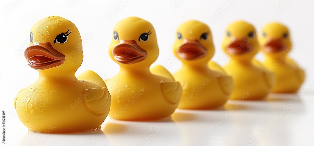 Poster Print A line of five yellow rubber duckies arranged in a row. 50x23.3 cm