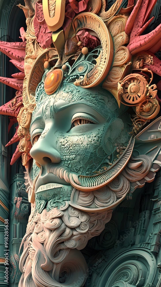 A detailed, intricately carved face with a crown of ornate elements, suggesting a mythical being or deity A detailed, intricately carved face with a crown of ornate elements, suggesting a mythical being or deity