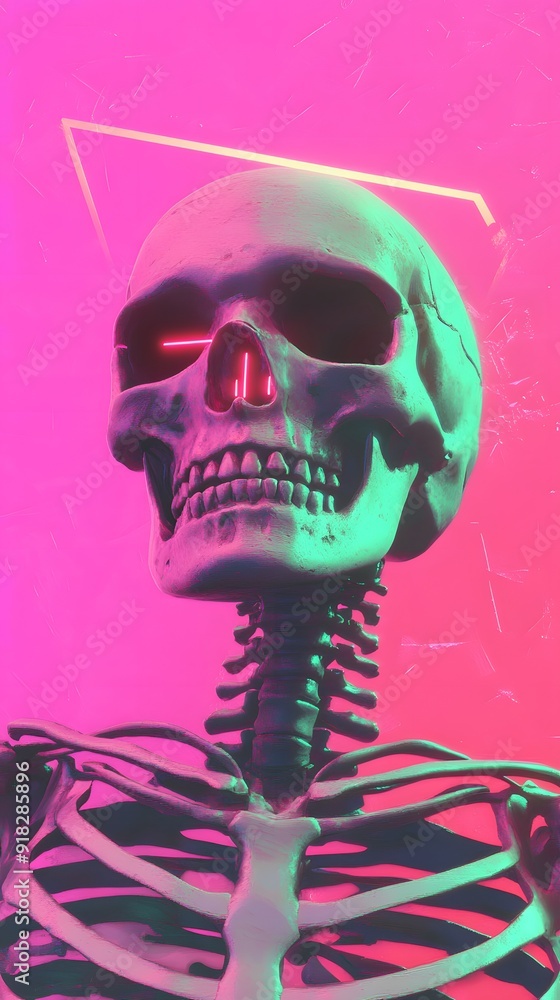 A digital art illustration of a skull with a glowing red eye against a vibrant pink and green background. A digital art illustration of a skull with a glowing red eye against a vibrant pink and green background.