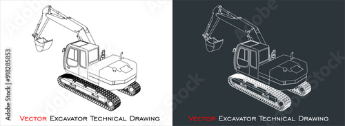 Excavator  technical drawing vector 3d  isolated on white background. industrial machinery, mining concept illustration, Construction, building, heavy machine, 