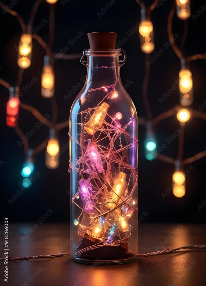 Colorful glass bottle filled with string lights, creating a vibrant and whimsical visual effect against a dark background Colorful glass bottle filled with string lights, creating a vibrant and whimsical visual effect against a dark background