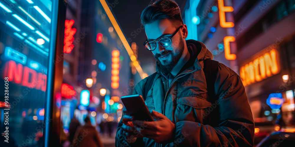 A male using smartphone standing on the night city street full of neon light.
A male using smartphone standing on the night city street full of neon light.