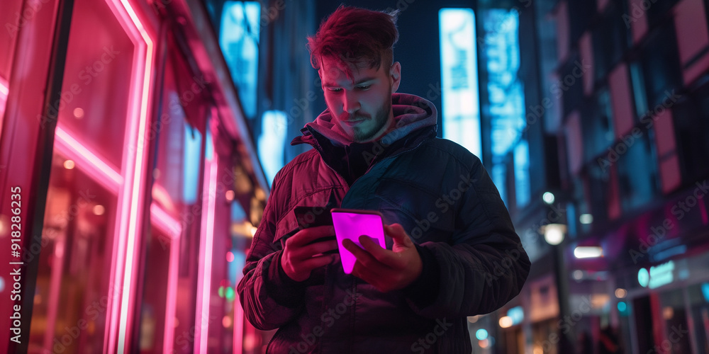 Obraz premium A male using smartphone standing on the night city street full of neon light. 