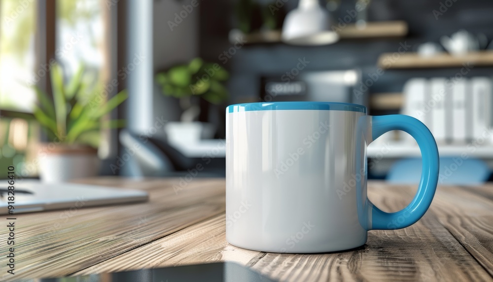 A high-resolution image of a white ceramic mug with a minimalist design, featuring a vibrant blue A high-resolution image of a white ceramic mug with a minimalist design, featuring a vibrant blue