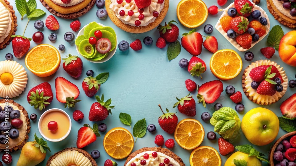 Colorful background with an array of fruits and cakes, fruits, cakes, dessert, sweet, colorful, vibrant, party Colorful background with an array of fruits and cakes, fruits, cakes, dessert, sweet, colorful, vibrant, party