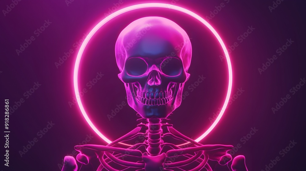 A glowing pink skull and skeleton with a neon halo, surrounded by a dark background. A glowing pink skull and skeleton with a neon halo, surrounded by a dark background.