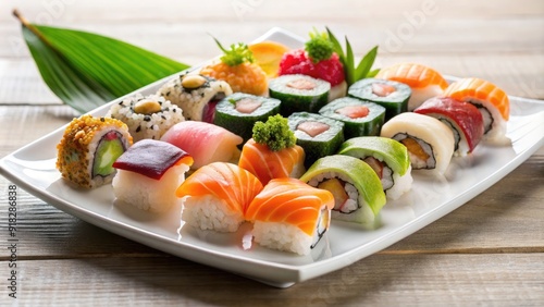 Sushi arranged beautifully on a white plate, Japanese cuisine, seafood, raw fish, traditional, Asian food, gourmet, healthy