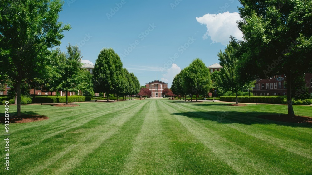 Scenic college campus with green lawns, trees, and academic buildings ...